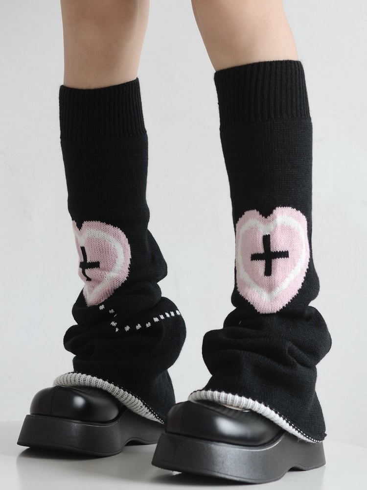 Pink Heart & Cross Pattern Black/White Flared Knitted Leg Warmers