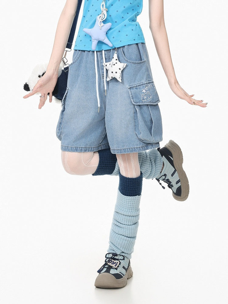 Blue Wide Leg Denim Shorts with Star Charm - Languid Park