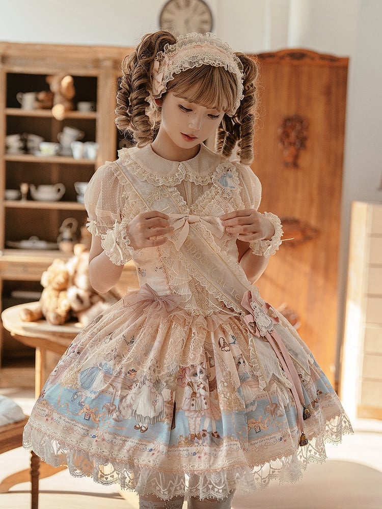 Korsett Beige JSK Süßes Set Party Volldruckkleid Kitty Mieder Lolita Tee