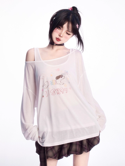 ホワイトのアシンメトリーネックラインのスリンキードッグプリントカバーアップとタンクトップセット