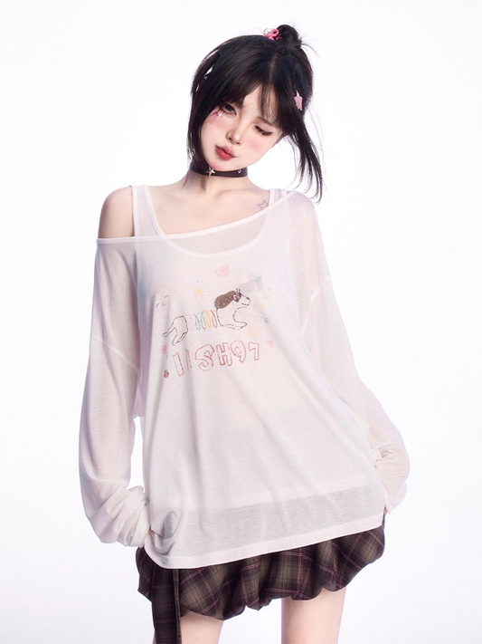 ホワイトのアシンメトリーネックラインのスリンキードッグプリントカバーアップとタンクトップセット