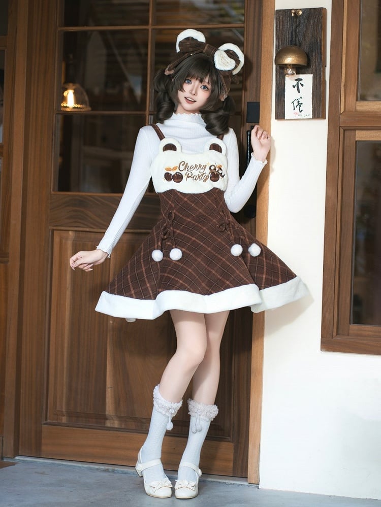 Sweet with Cherry Pom-Poms Plaid Brown Dress for and Autumn Embroidered Winter Lolita