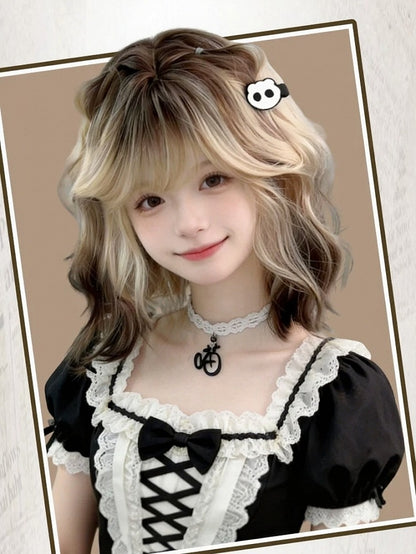 Black & Gold Ombre 30cm Wavy Curly Air Bangs Wig - Meow Island Wig