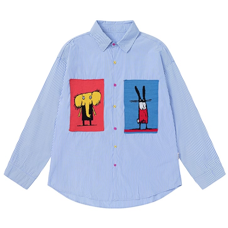 青い漫画動物のアップリケのストライプシャツ