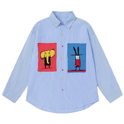 青い漫画動物のアップリケのストライプシャツ