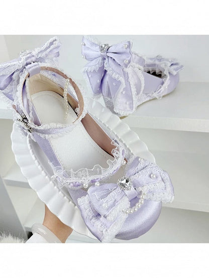Purple Lolita Mary Jane Slope Heel Shoes Crystal Lace - Meng Ka Jiang