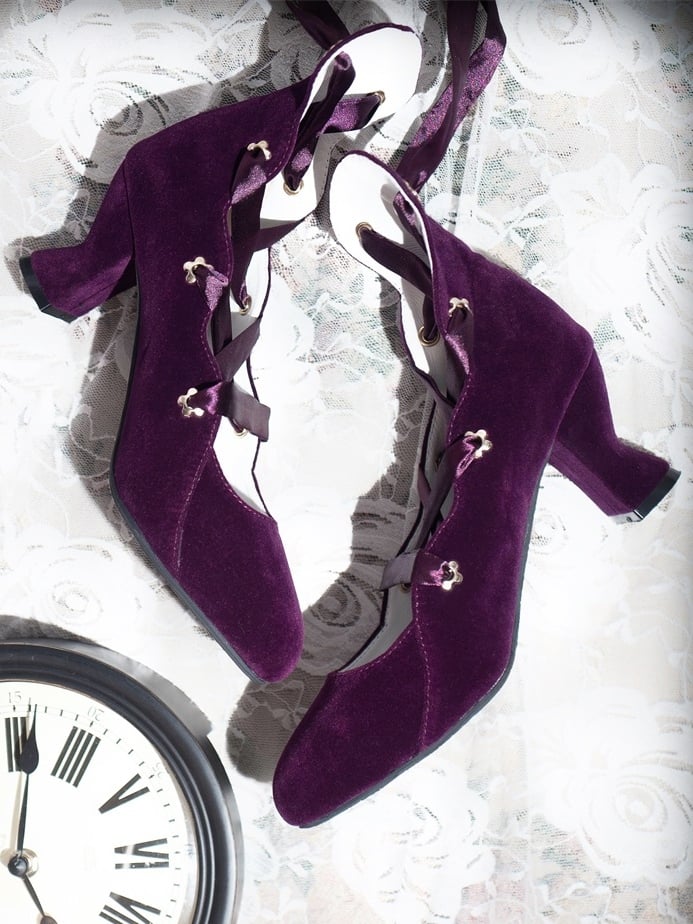 MR Akita purple velvet high heels overhead view