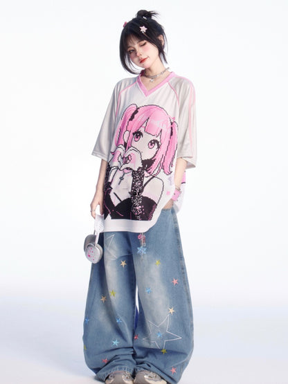 ピンクのルーズTシャツ Vネック 漫画ガールプリント ブロケットコア