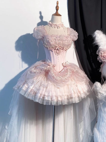 Ärmel Lagen-Outfit Top Korsett Balletcore Rüschen Rosa Stäbchen Puff Prinzessin Lolita + Rock BE006