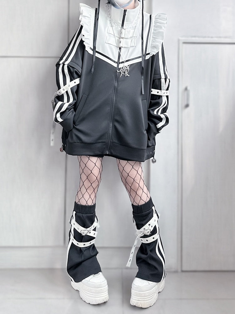 Detachable Kei Buckle with Leg White Warmers Jirai Cross Flared Strap Black