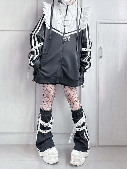 Detachable Kei Buckle with Leg White Warmers Jirai Cross Flared Strap Black