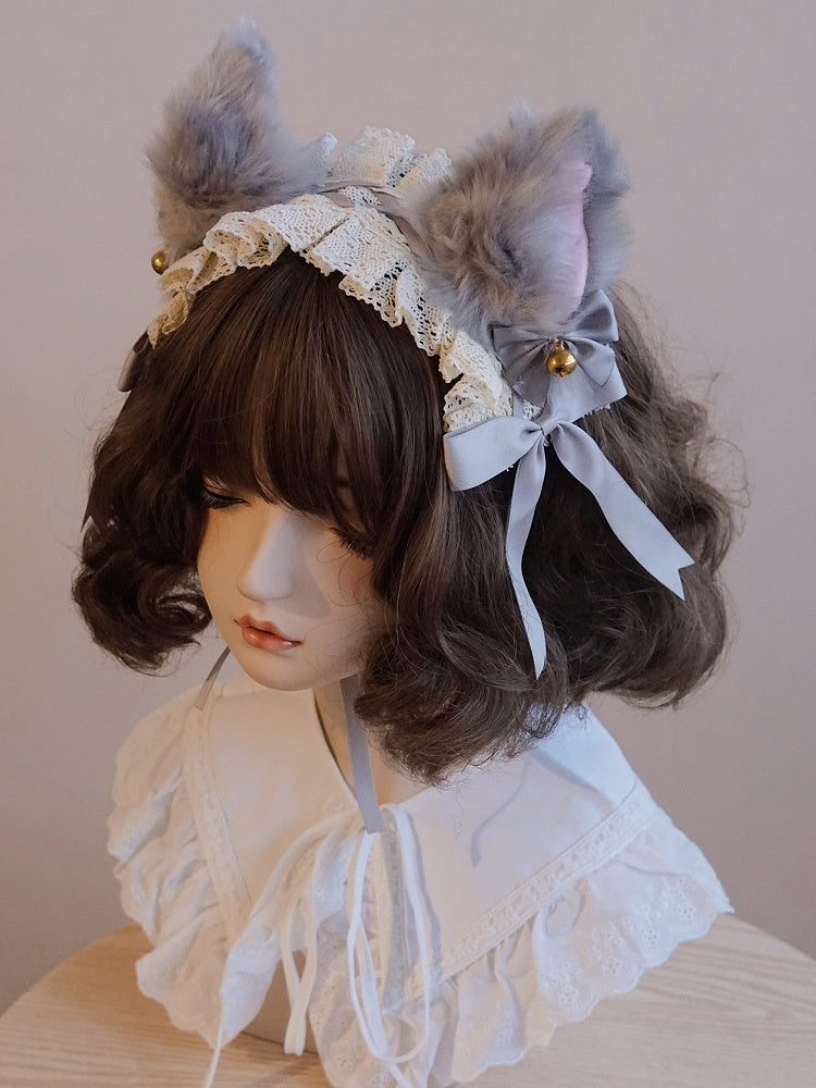 耳飾りヘアバンド レース フォックス 蝶結び グレーのディテール ベル装飾