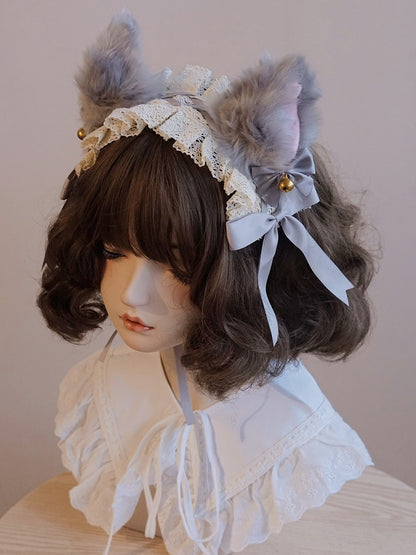 耳飾りヘアバンド レース フォックス 蝶結び グレーのディテール ベル装飾