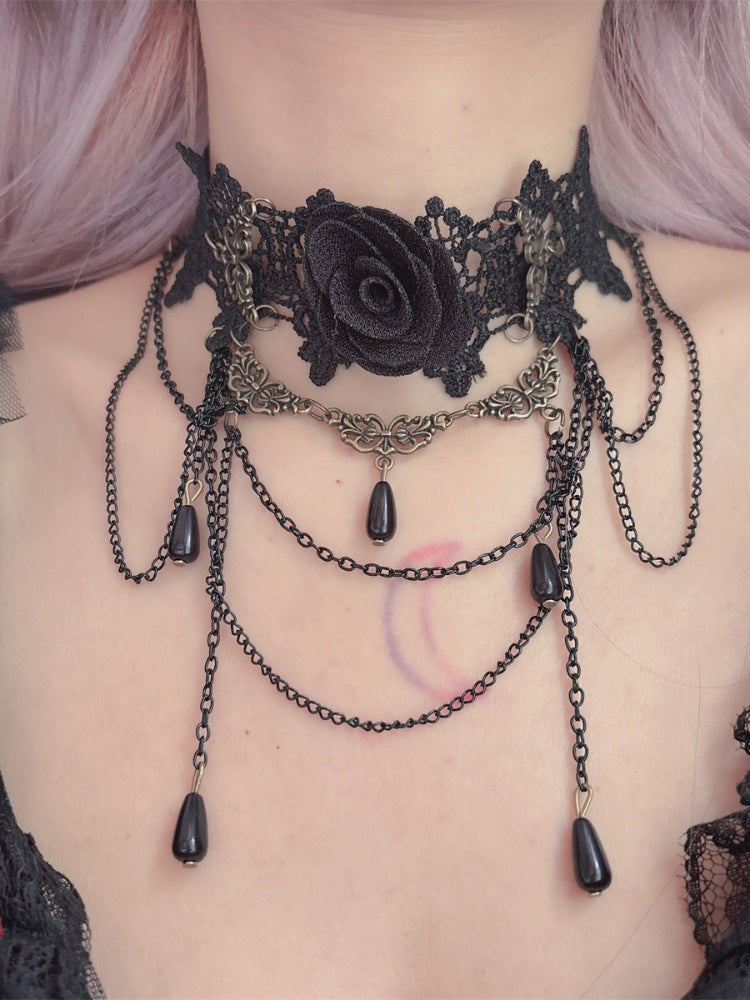 Black Lace Rosette Choker with Triple Layered Chains