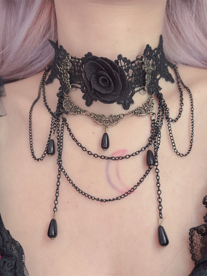 Black Lace Rosette Choker with Triple Layered Chains