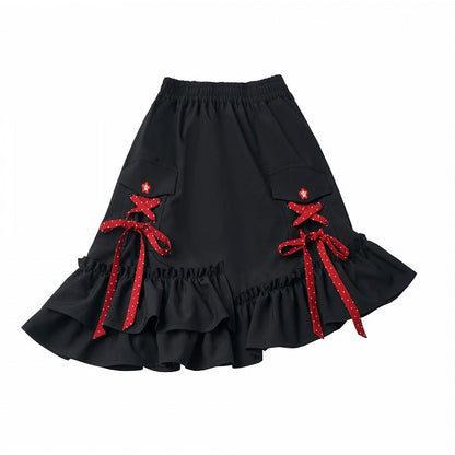 Asymmetric Ruffle Black Skirt with Polka Dot Lace Up - PINK SAVIOR