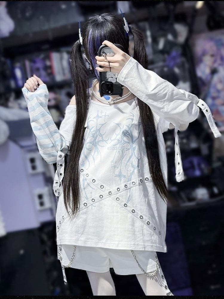 Blue wit Kei Decorations T-Shirt Printed Shoulder Cutout White Jirai Strap