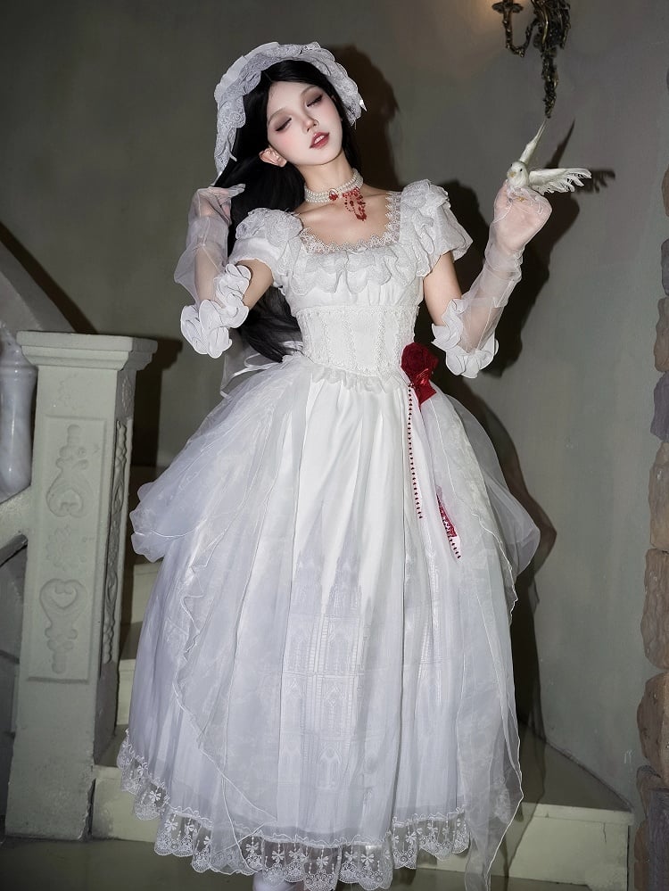 Set OP Lolita Long Goth Neckline White Version Print Full Castle Square Dress