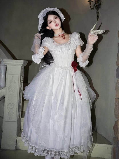 Set OP Lolita Long Goth Neckline White Version Print Full Castle Square Dress