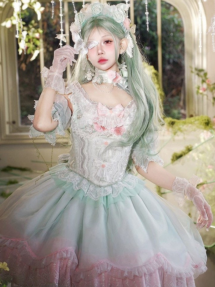 and Sweet Skirt Corset + Lace-Trimmed Bow Jacquard Green Decorated Lolita Lace Top