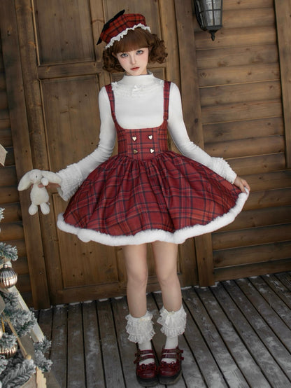 Red Plaid Pattern Under Bust Christmas Vibes Lolita Dress Boned Waist and Plush Hemline Short Version