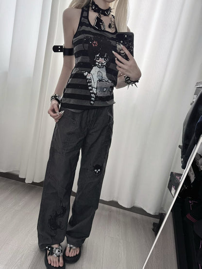 Straight-leg Pants with Skeleton Pattern Y2K Gray