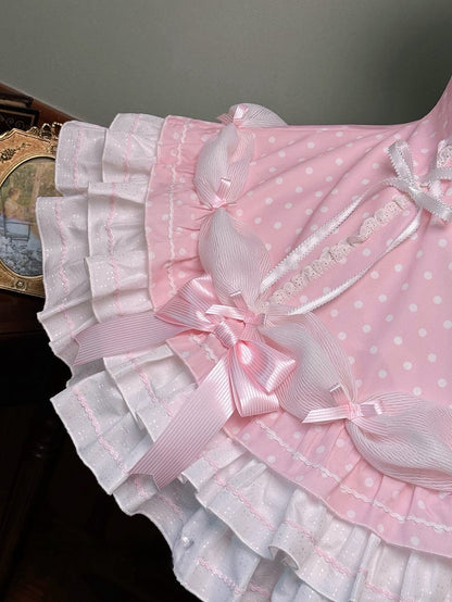 Sleeves Polka and Pink Old with Dress Lolita Accents Bow Neck Halter Dot Puff School