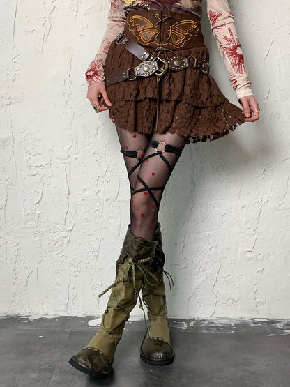 Rot-schwarze Y2K-Strumpfhose mit Herzmuster