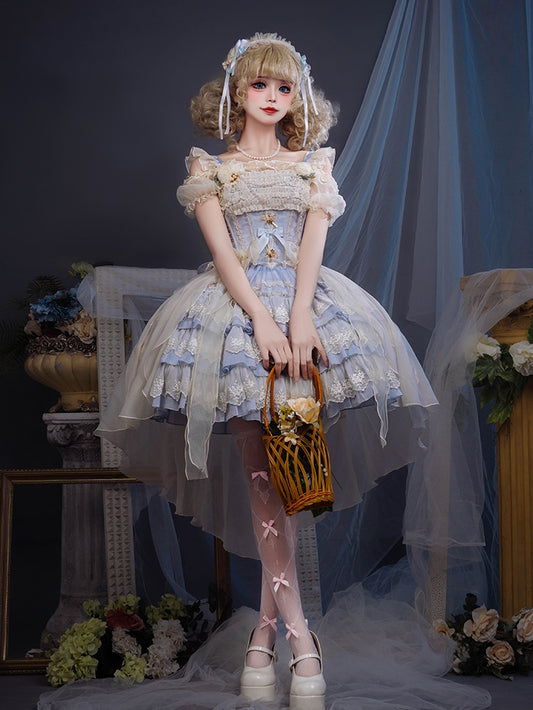 Akzente Jacquard Blau Rosette Tiered Balletcore Sweet Lolita Kleid Pullover Rock Stoff