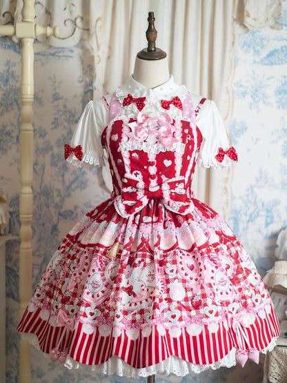 White Short Sleeve Sweet Lolita Ruffled Blouse with Red Polka-Dot Bows - Pastry Chef