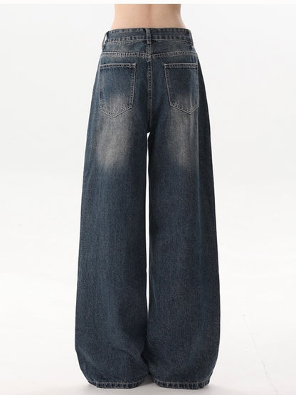 Dark Blue Faded Wash Wide-Leg Jeans with Detachable Blue Necktie Accent
