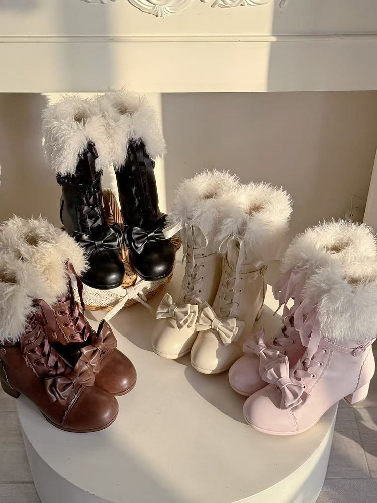 PU Bow Opening with Lolita System Sakura Ornate Boots Plush Pink Triple Boot in Mid-heel Fastening Elegant