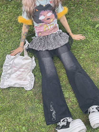 Y2K Accessoire Leopard Glamouröses Braun/Grau Muster Hosenbesatz Spitze