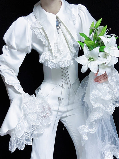 White Pointed Foldover Collar Ouji Gothic Lolita Long Sleeves Tail Shirt