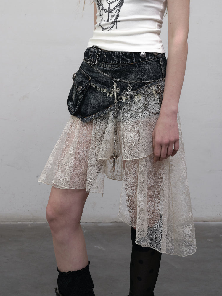 Punk Belt Distressed Adjustable with Hem Blue Denim Lace Asymmetric Skirt