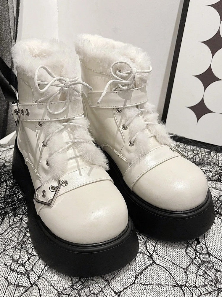 Lining Front Platform Punk Fastener Lace-Up Decorative Plush with White Heart Boots in Style Inner PU