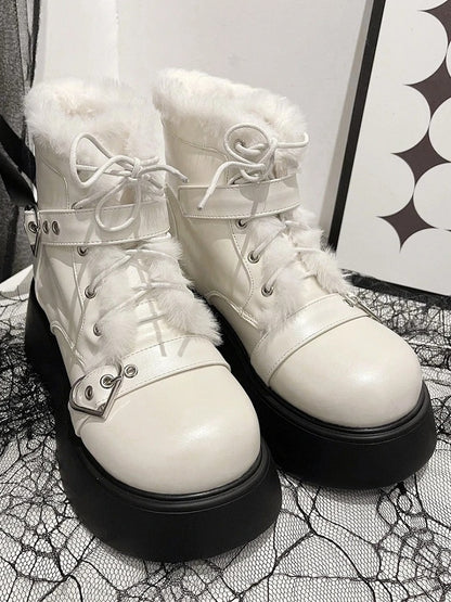 Lining Front Platform Punk Fastener Lace-Up Decorative Plush with White Heart Boots in Style Inner PU