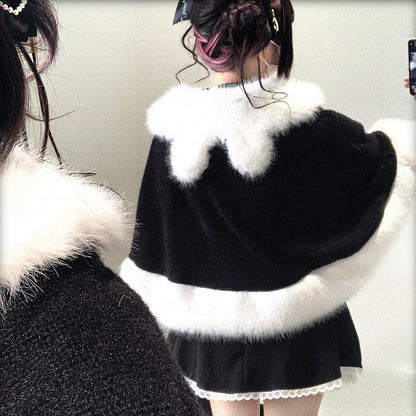 Decor Colors Design Bunny Faux Fur-Trimmed Drawstring Cape Ear with Kei Jirai Bow 3