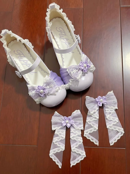 Purple Sweet Lolita Shoes with Cherry Flower Theme and Back Bow - XIN MENG