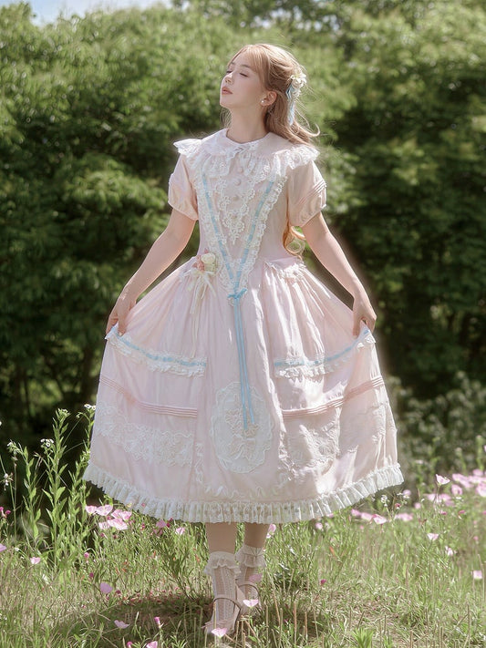 Pink Peter Pan Collar Lolita Long Dress with Lace and Embroidery