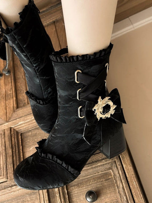 Details - Black Mid-heel the Valley Boots Lily of Trim Bow with Ruffle Detachable Crisscross