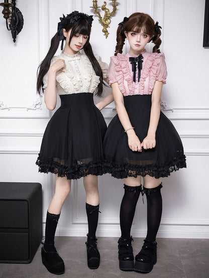 Pink Ruffled Blouse & Black Short Skirt Fake Two Pieces Lolita Dress - With PUJI