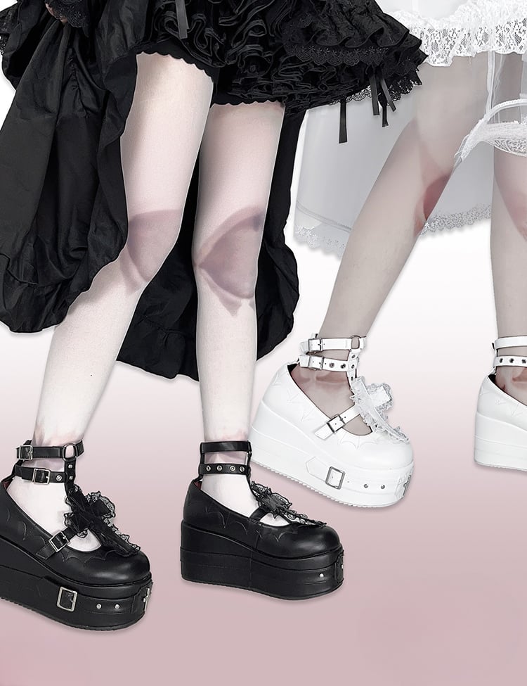 Matte Black Gothic Lolita Lace Trim Cross Platform Shoes