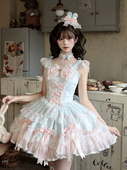 Blue & Pink Layered Lace Lolita JSK with Pearls - Miss Han
