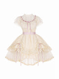 Beige Rosette Jacquard Lolita OP Dress with Layered Ruffles - With PUJI