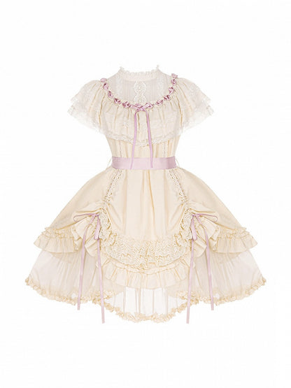 Beige Rosette Jacquard Lolita OP Dress with Layered Ruffles - With PUJI