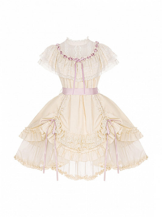 Beige Rosette Jacquard Lolita OP Dress with Layered Ruffles - With PUJI