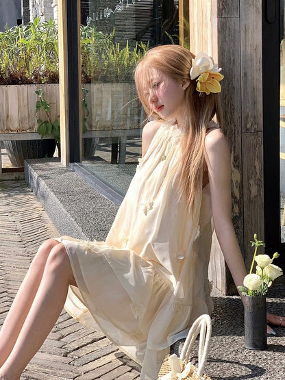 Milk Yellow Halter Dress with Floral Accents - Qchiwawameme