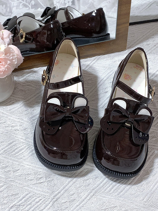 Detachable Bow Brown Teddy Buckle PU Low-heel Bear Polished Style Shoes School with -