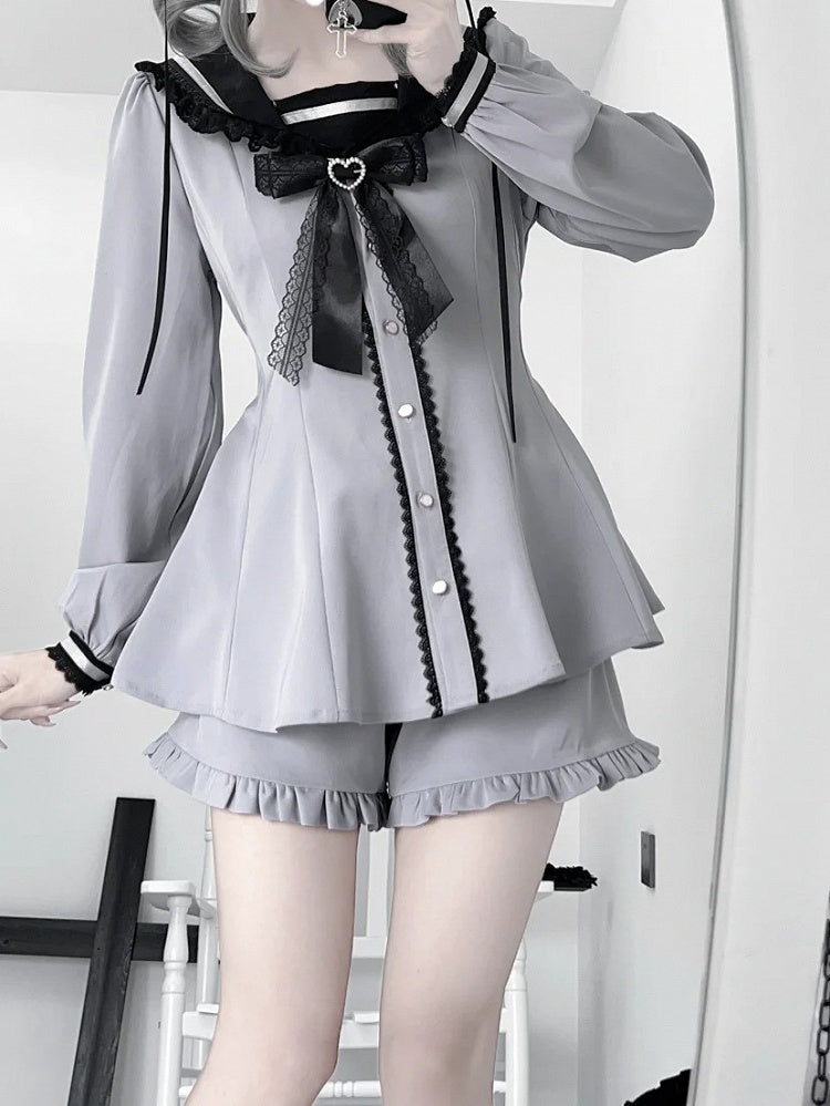 Lilafarbenes Design, Ohren, Krawatte, Jirai-Minikleid + Shorts-Set mit Rüschensaum + Schleife, Dusty Kei, Seemannskragen, Hase